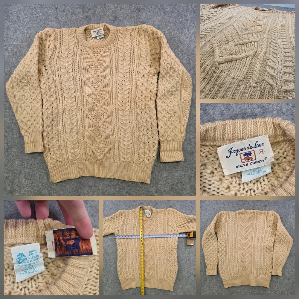 VTG Jacques De Loux Sweater Mens‎ Medium Beige Wool Cable Knit Crewneck Pullover